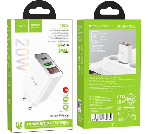 HOCO (6931474769824) C100Aaa 1USB+1Type-C 3.0A QC3.0 PD 20W , White