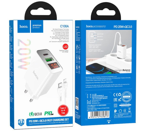 HOCO (6931474769824) C100Aaa 1USB+1Type-C 3.0A QC3.0 PD 20W , White