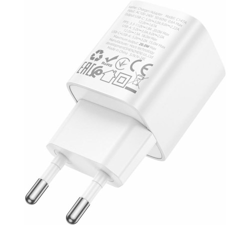 СЗУ HOCO (6942007630276) C147A 1USB+1Type-C 3.0A PD 20W+QC3.0 , White