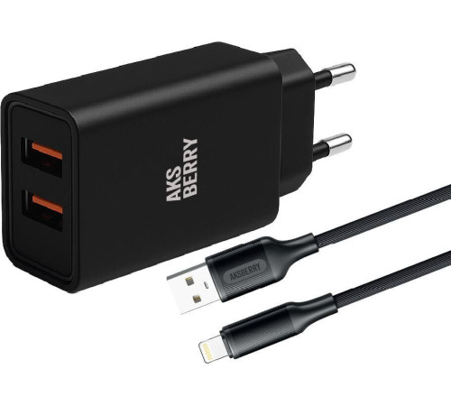AKSBERRY (6900209210016) T38 2 USB 2.4A + кабель Lightning, черный