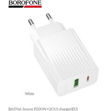 BOROFONE (6941991122880) BAS76A 1USB+1Type-C 3.0A QC3.0 PD 30W White