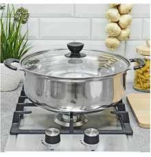 БЕЗ ТМ Кастрюля Promo, объем 5,5 л, из нержавеющей стали с крышкой из жаропрочного стекла (104617)