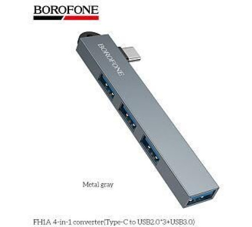 BOROFONE (6941991126123) FH1A USB HUB Type-C на 3USB 2.0+1USB 3.0 FH1A Metal Grey
